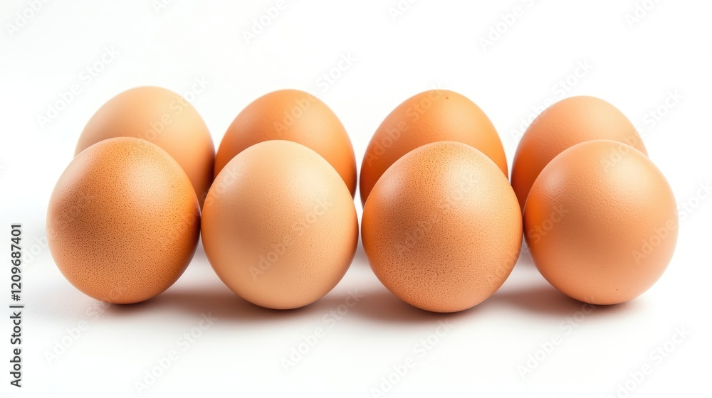 Poster Eight brown eggs arranged in a row isolated on a white background showcasing their smooth surfaces and natural color.