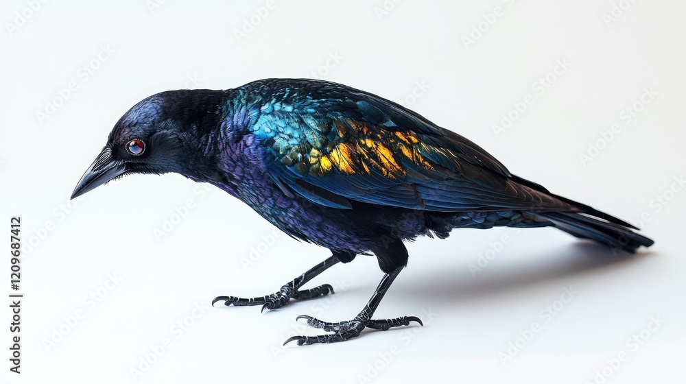 Poster starling bird with iridescent feathers captured in studio setting on white background showcasing vib