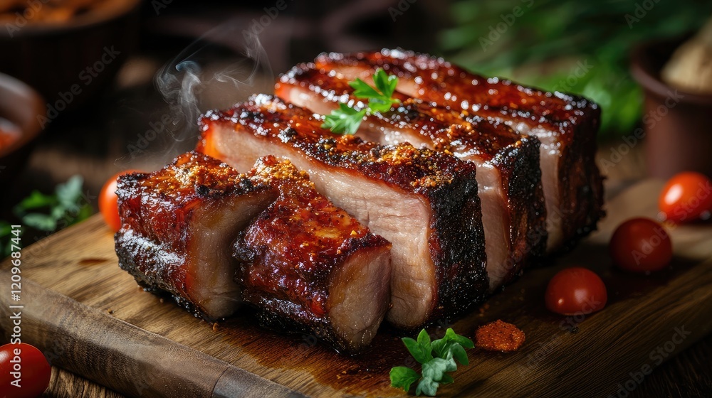 Poster sizzling smoked pork loin with unique spices garnished with fresh herbs and cherry tomatoes on rusti