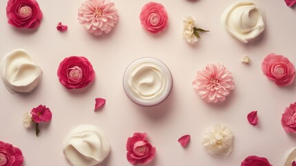 Floral Themed Flat Lay Arrangement of Creamy Skincare Products Surrounded by Pink and White Flowers on Soft Background