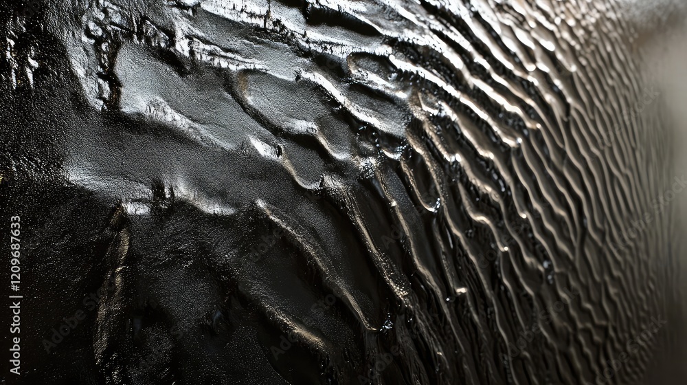 Poster Textured black wall surface with dynamic wave patterns in an interior setting, showcasing modern design elements and high contrast lighting.