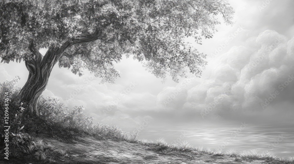 Poster lonely tree on a grassy shore with clouds in the background captured in black and white artistic pho