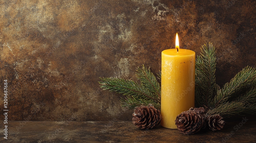 Poster yellow candle glowing warmly on rustic brown background surrounded by pine branches and pinecones cr