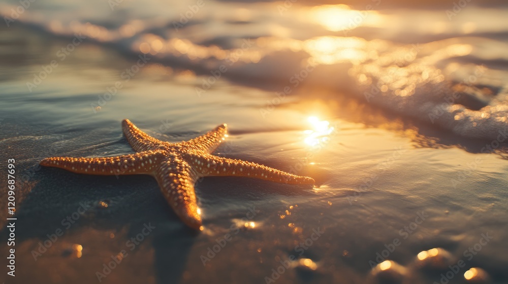 Poster starfish resting on wet sand with gentle waves and sunset reflections creating a serene seaside atmo