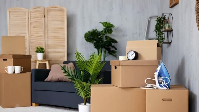 moving day concept - heap of cardboard boxes with belongings in modern living room 
