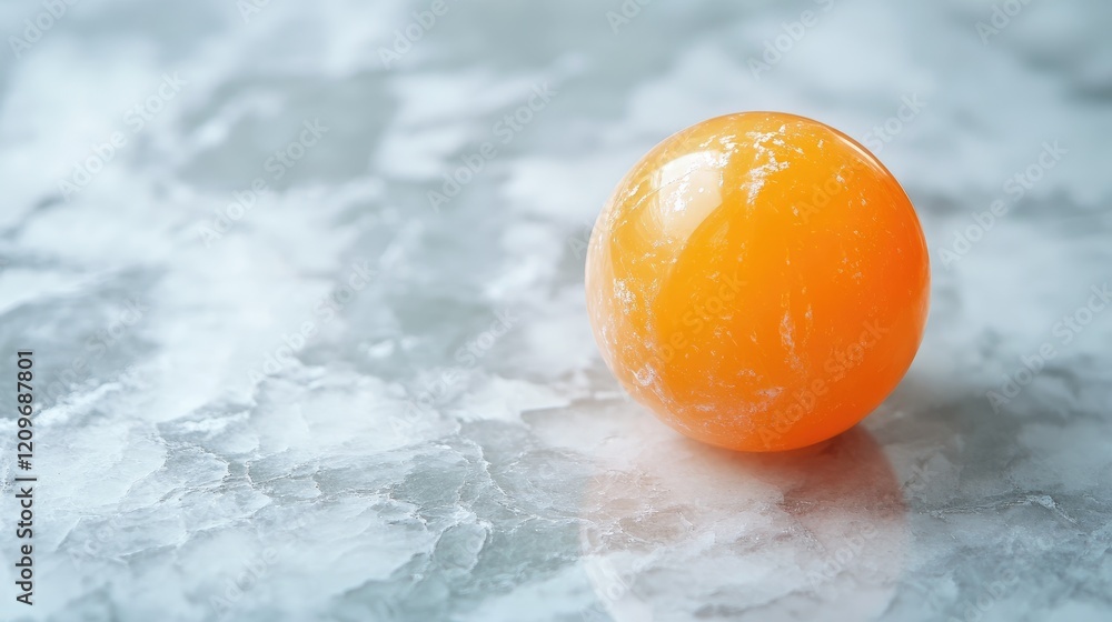 Poster Vibrant orange marble resting on a textured surface with subtle white marbles adding contrast and depth to the composition