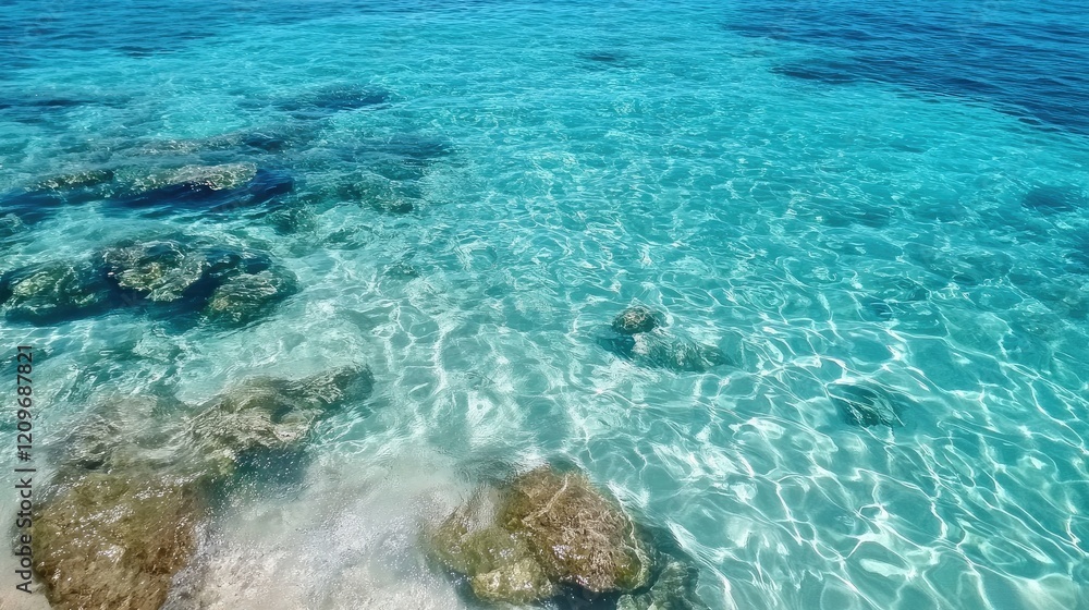 Poster tranquil azure waters with gentle waves overlapping serene rock formations under clear blue sky natu