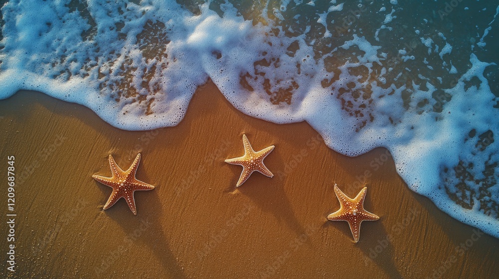 Aufkleber starfish resting on pristine beach with gentle waves creating a serene coastal scene under bright su