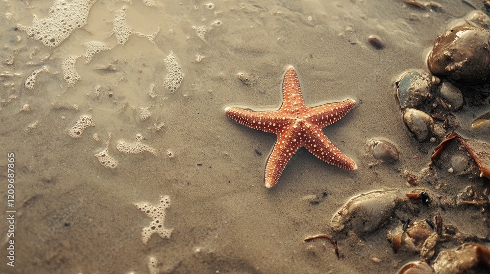 Poster starfish resting on sandy beach with pebbles and foam creating serene coastal atmosphere perfect for
