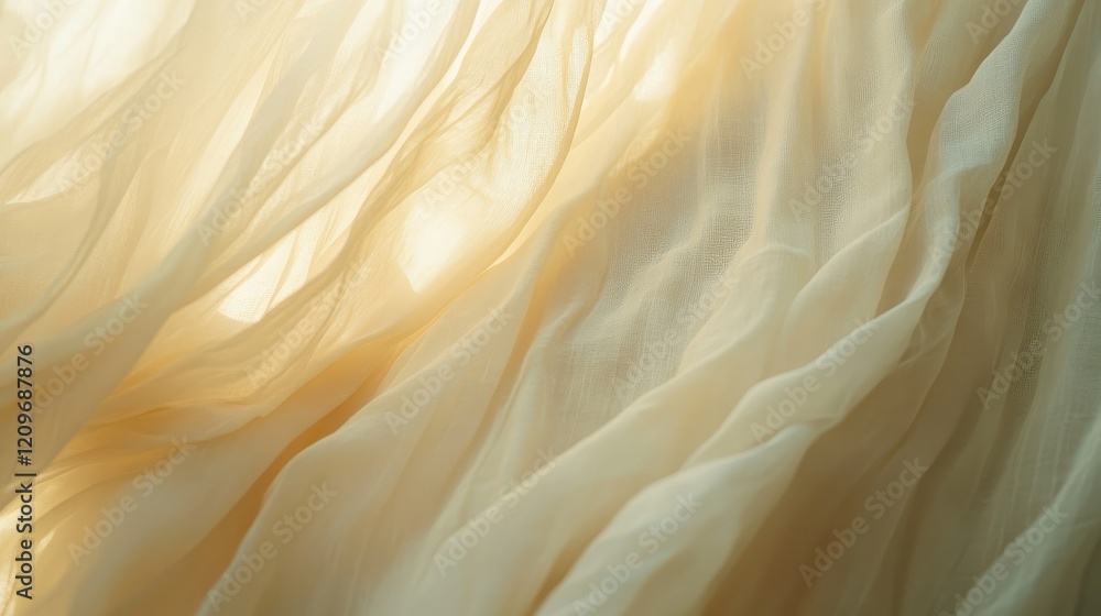 Poster gentle sunlight illuminating soft flowing curtains creating a warm and serene atmosphere in a cozy i
