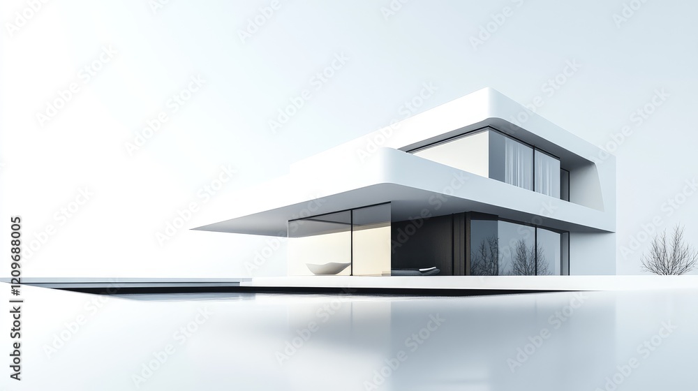 Poster Modern minimalist home architectural design mockup in white and gray colors with sharp angles and large glass windows against a light background.