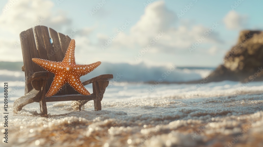 Aufkleber starfish resting on a beach chair by the shore with gentle waves and soft clouds in the background o