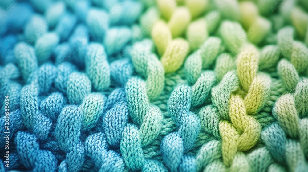 Poster Soft blue and green knitted fabric texture with intricate patterns, ideal for textile design and creative backgrounds, showcasing vibrant hues of sky and water.