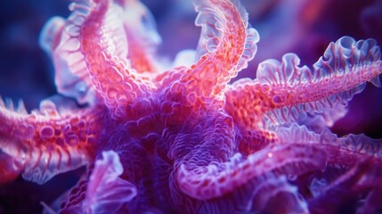 Vibrant macro close-up of a starfish showcasing intricate details and textures in its unique marine habitat under soft lighting