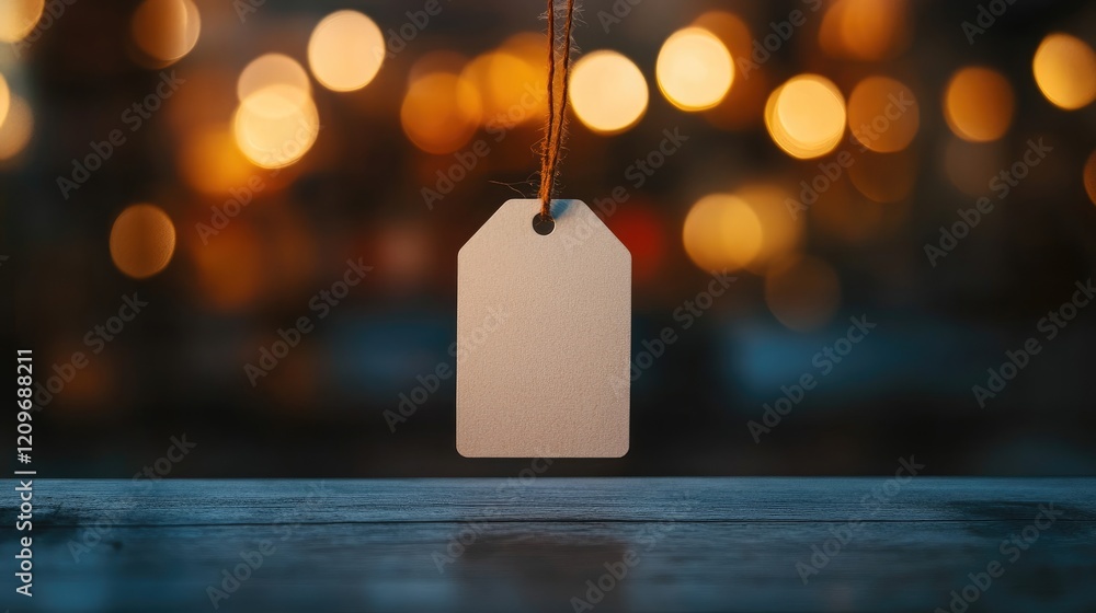 Poster Soft and Blurry Hanging Tag Mockup with Warm Studio Lighting and Bokeh Background for Branding and Merchandise Display