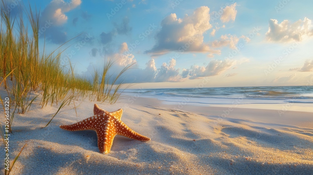 Aufkleber starfish resting on sandy beach during sunset with gentle waves and clouds in the background creatin