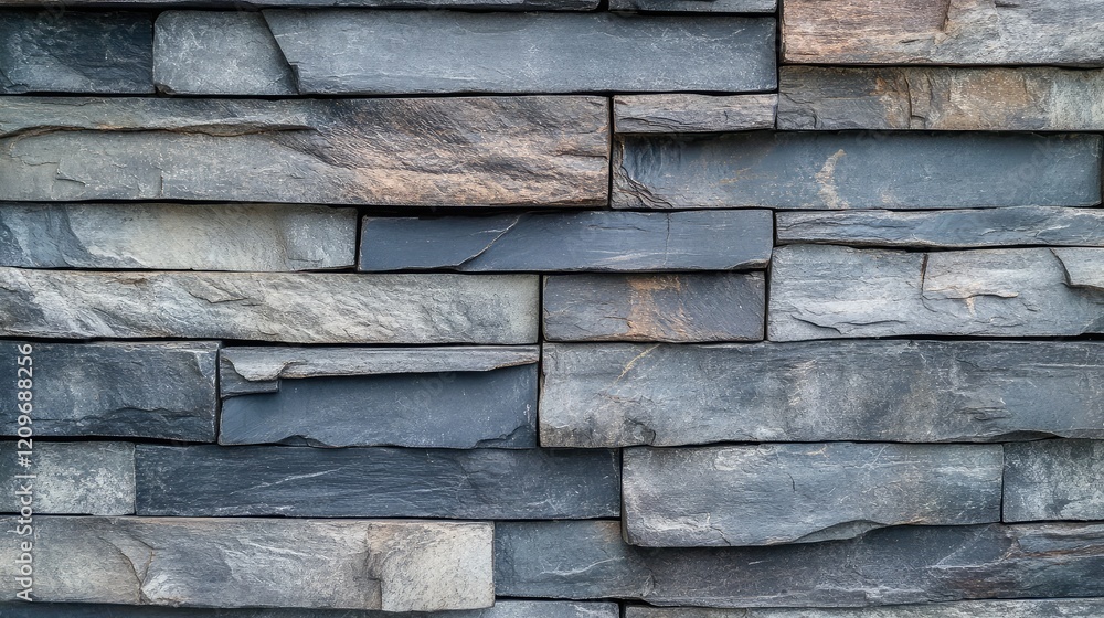 Poster rustic slate blue textured stone wall with varying shades of gray and blue, captured at an angled pe