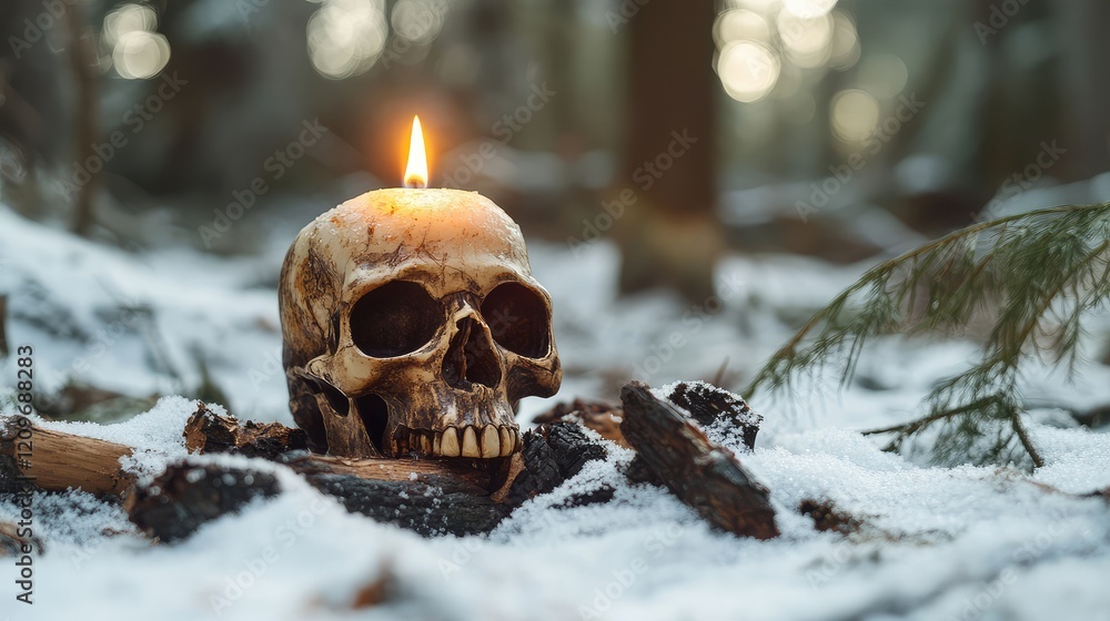 Poster skull-shaped candle flickering atop charred firewood in a snowy forest setting under soft natural li