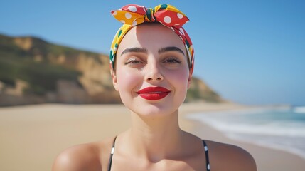 Portrait of retro woman in headscarf, with beach background 