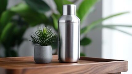 Stainless Steel Cocktail Shaker and Succulent Plant on Wooden Tray