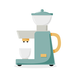 Retro-style coffee machine in pastel green and beige colors with a cup. Vector illustration for kitchen appliance designs and home decor projects