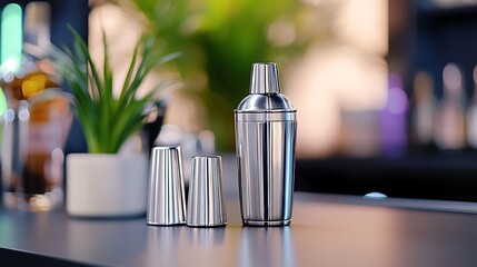 Stainless Steel Cocktail Shaker and Bar Tools on Bar Counter