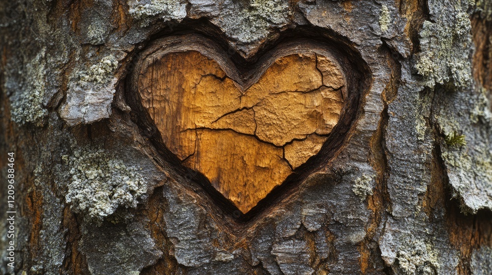Poster heart-shaped carving on a tree trunk showcasing natural textures and warm wood tones in a close-up p