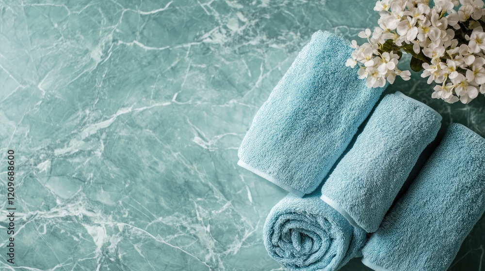 Poster soft blue bathroom towels arranged on elegant green marble surface with fresh flowers adding a touch