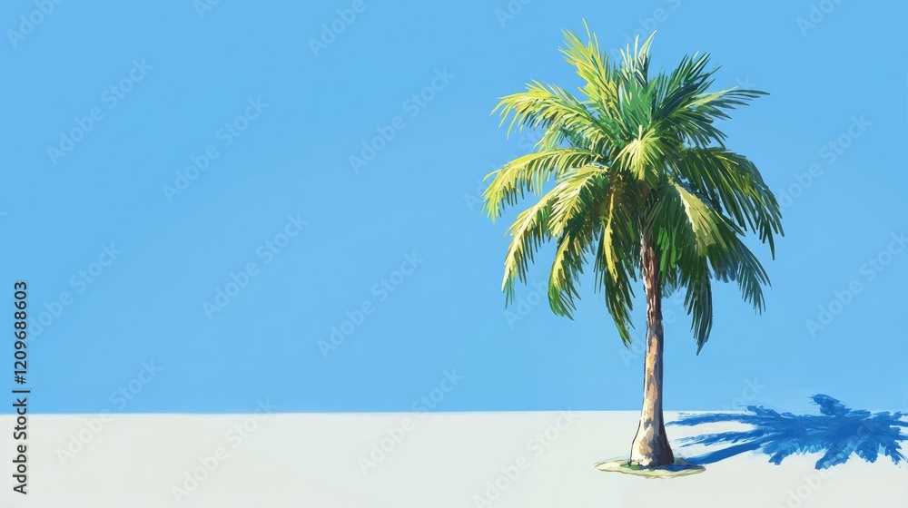 Aufkleber lone palm tree under a clear blue sky casting shadow on sandy ground creating a serene tropical land