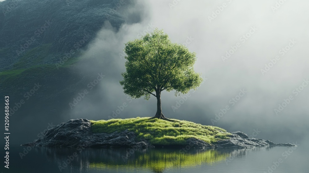 Aufkleber Lone tree on serene island surrounded by misty landscape and calm waters creating a tranquil and peaceful nature scene