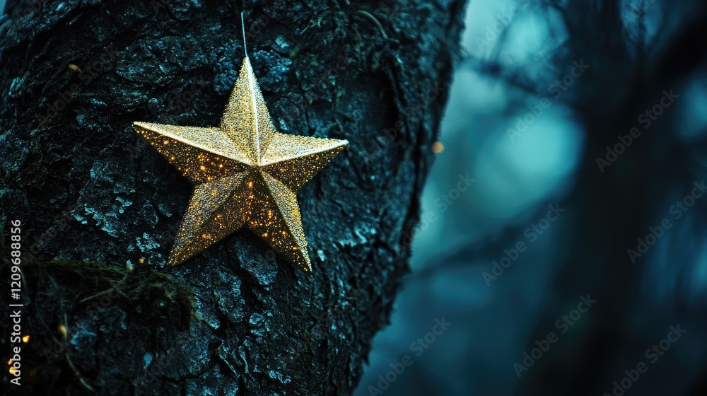 Poster golden star ornament hanging on rustic tree bark with soft blue ambiance in the background creating 