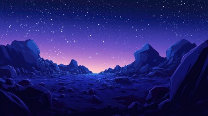 Vast rocky landscape under a twilight sky featuring shades of sky blue and purple, adorned with scattered stars and distant mountain silhouettes.