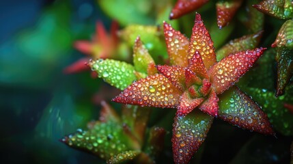 Vibrant close-up of a small succulent plant adorned with dew drops glistening under soft light showcasing its rich colors and textures.