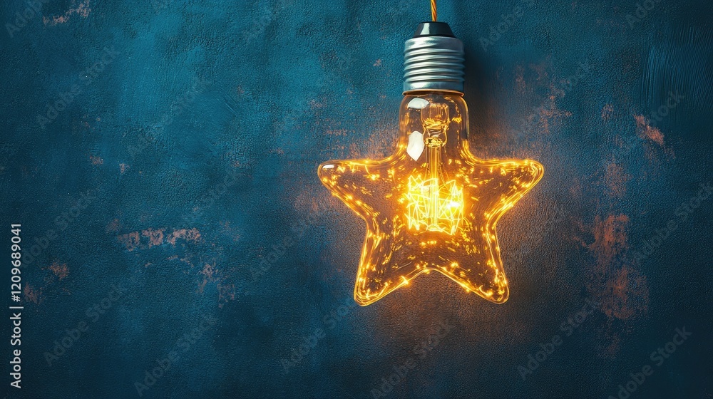 Poster star-shaped energy-saving light bulb glowing softly against a textured blue background creating a wa