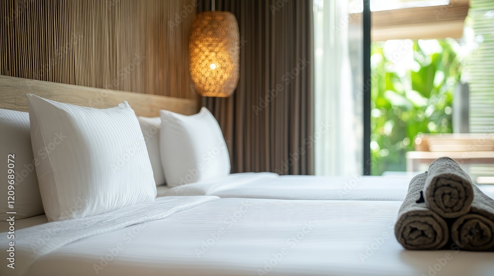 Poster cozy bedroom setting with soft bedding and blurred background evoking a sense of solitude and sereni
