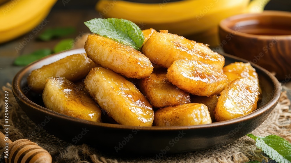 Poster deliciously fried bananas glazed with honey and fresh mint on rustic plate with bananas in backgroun