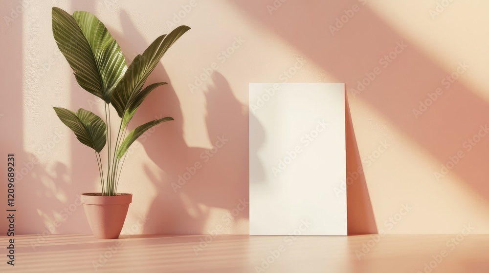 Poster a3 size empty poster mockup with minimalistic background and potted plant in modern interior setting
