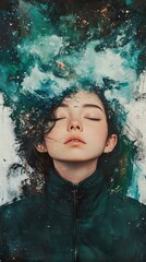 Fototapeta premium Cosmic Woman: A Dreamy Portrait in Teal and Green