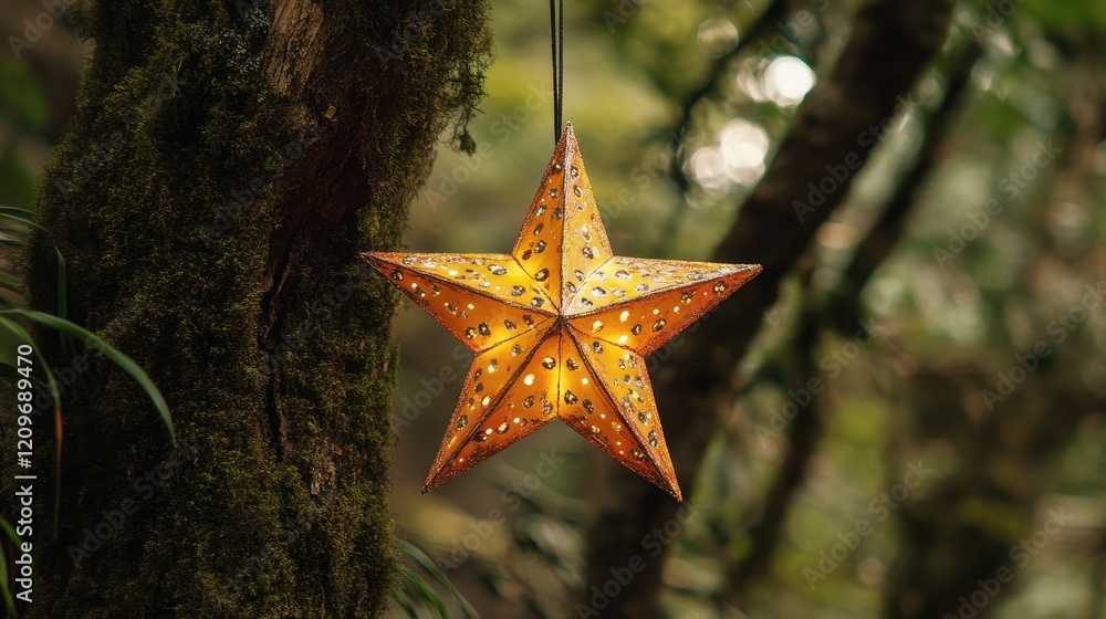 Poster rustic star decoration illuminated and hanging from a tree in a serene forest setting showcasing nat