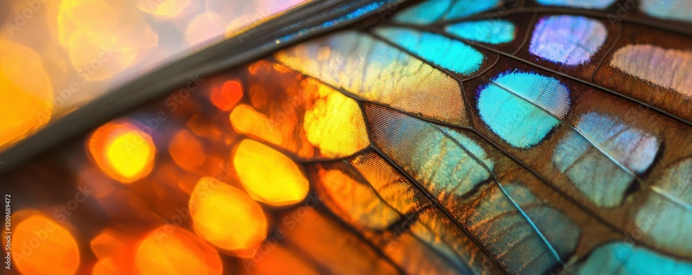 Poster abstract shot of a butterfly wing with intricate patterns and bright colors.