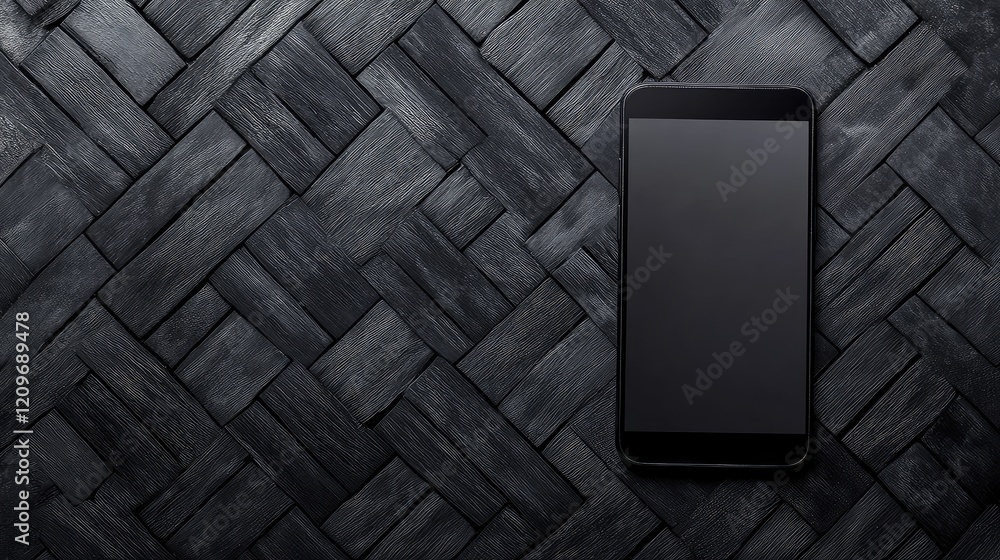 Poster Sleek black smartphone on textured dark woven background offering empty screen space for brand promotion and product placement with design elements.