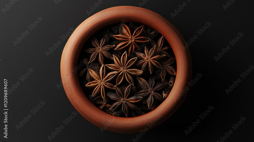 Poster star anise spices arranged in a rustic clay pot on a dark background showcasing their unique star-sh