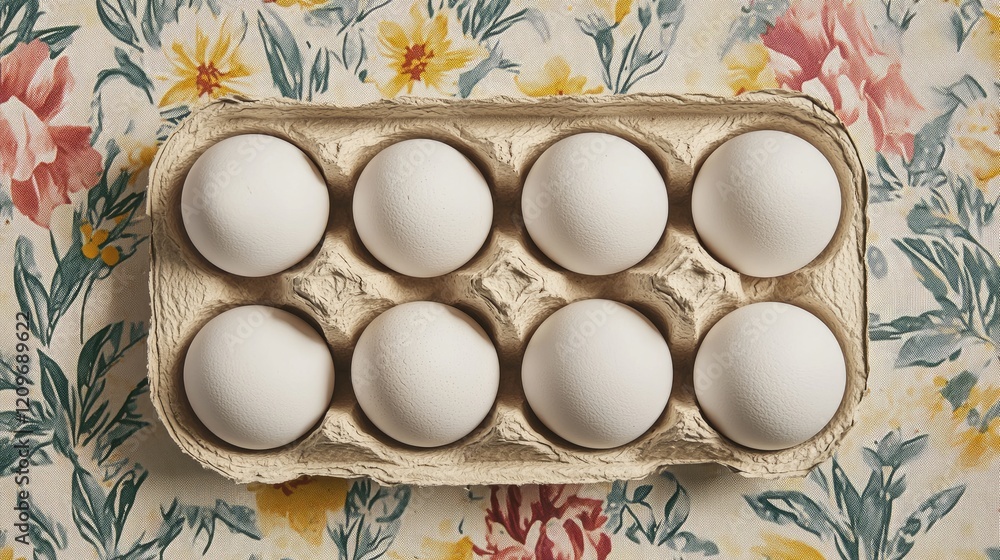 Aufkleber fresh white eggs arranged in a cardboard carton on a floral patterned background for culinary and ki