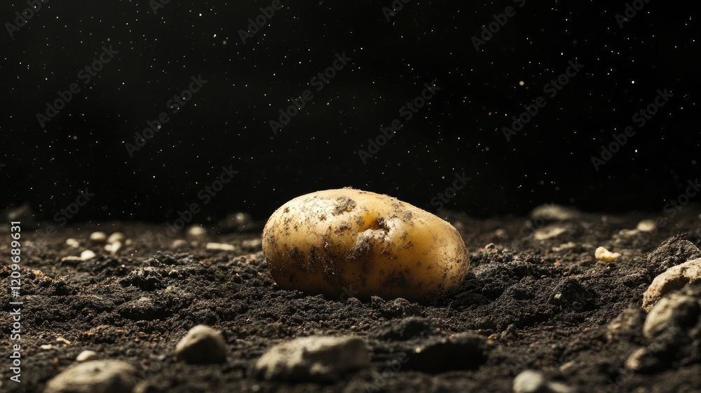 Aufkleber Potato resting on soil surface with black background showcasing texture and natural earthy elements in a minimalist setting