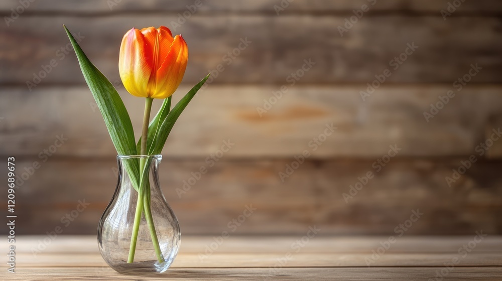 Poster vibrant orange tulip gracefully displayed in a clear vase on a rustic wooden surface capturing elega