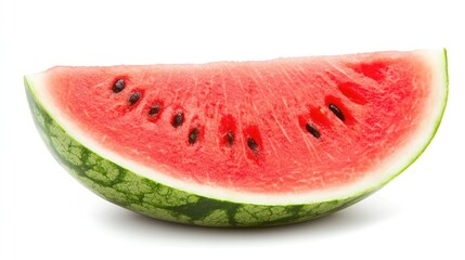 Fresh slice of watermelon showcasing vibrant red flesh and black seeds isolated on a clean white background for summer culinary designs.