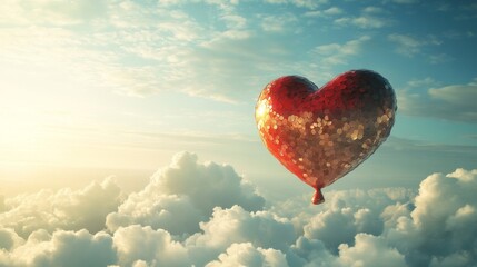 Fototapeta premium A red heart shaped balloon floats above fluffy clouds