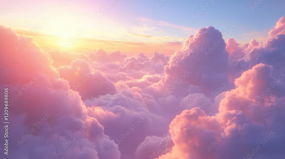 Poster serene dusk sky with vibrant pink and purple clouds illuminated by golden sunlight, creating a dream