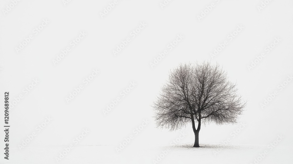 Poster lonely tree with bare branches in a minimalist white landscape ideal for natural and creative design