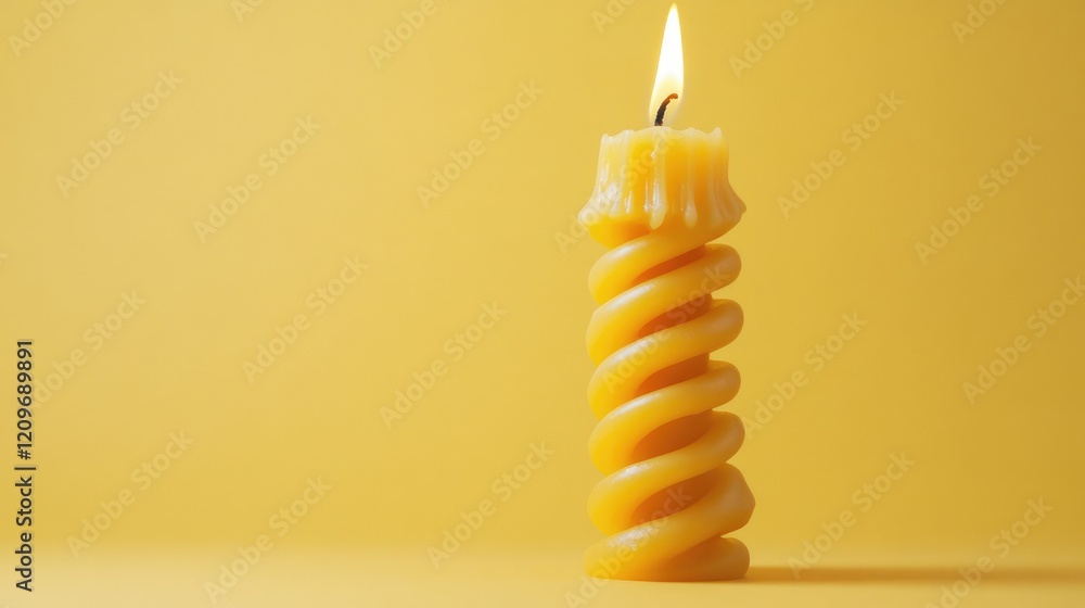 Poster twisted yellow candle with a flame casting a warm glow against a bright yellow background, creating 